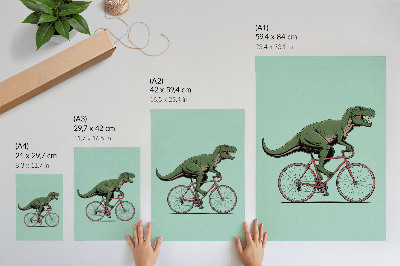 Grafică modernă pe pânză Dinozaur verde pe o bicicletă pe un fundal turcoaz