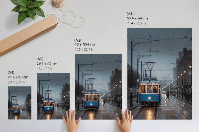 Poster în culori saturate Tramvai albastru zi ploioasă viață urbană