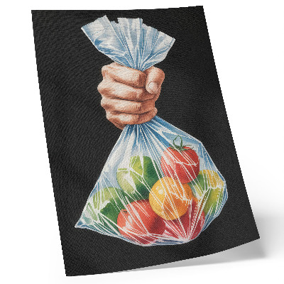 Poster rezistent pentru perete O mână cu o pungă de plastic plină cu fructe colorate