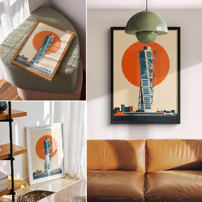 Grafică modernă pe pânză Forme geometrice moderne de zgârie-nori cu soare portocaliu