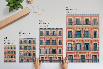 Poster rezistent pentru perete Fațadă simetrică cu obloane bleumarin și decorațiuni florale