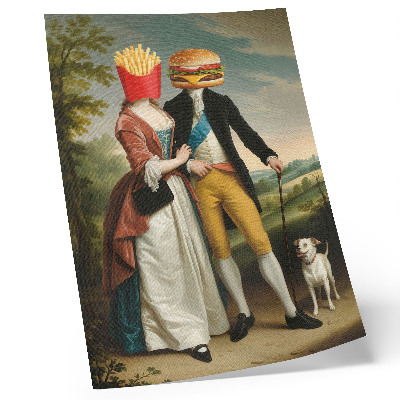 Grafică modernă pe pânză Scenă suprarealistă umor capete cartofi prăjiți hamburger