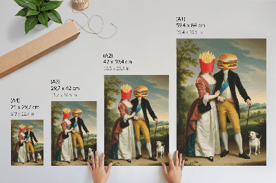 Grafică modernă pe pânză Scenă suprarealistă umor capete cartofi prăjiți hamburger