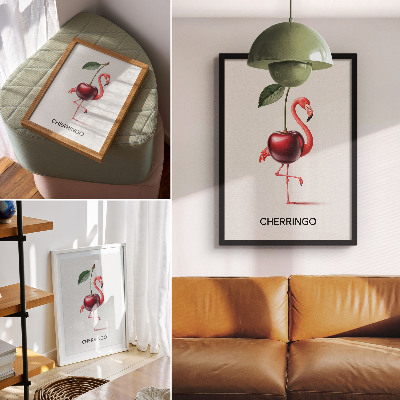Grafică modernă pe pânză Flamingo roz și roșu cu cireșe - compoziție fantastică