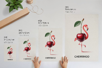 Grafică modernă pe pânză Flamingo roz și roșu cu cireșe - compoziție fantastică