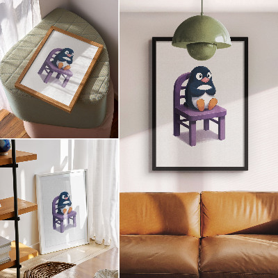 Grafică modernă pe pânză Pinguin violet pe un scaun Joy Minimalism