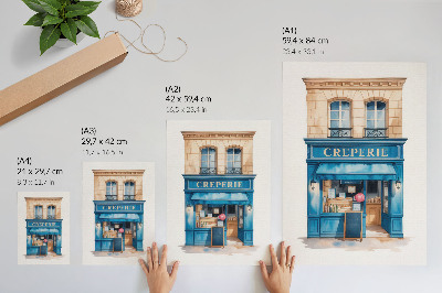 Poster în culori saturate Fațada albastră a unei cafenele de pe o stradă fermecătoare