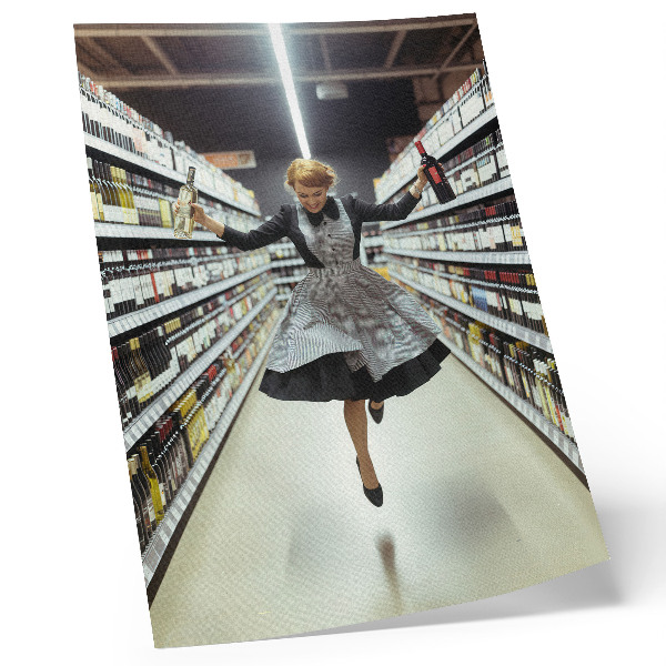 Grafică modernă pe pânză O femeie într-o rochie retro sare într-un magazin