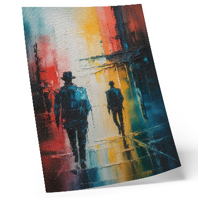 Poster în culori saturate O scenă urbană colorată cu personaje misterioase