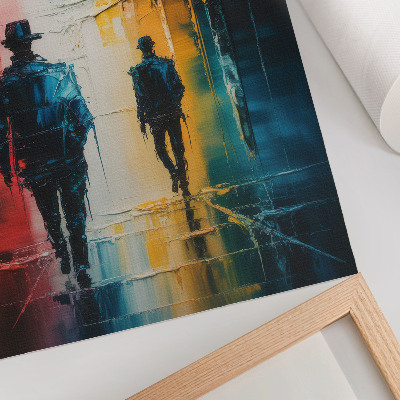 Poster în culori saturate O scenă urbană colorată cu personaje misterioase