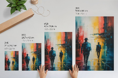 Poster în culori saturate O scenă urbană colorată cu personaje misterioase