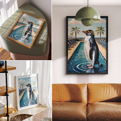 Poster rezistent pentru perete Piscină cu pinguini, palmieri, relaxare la mare