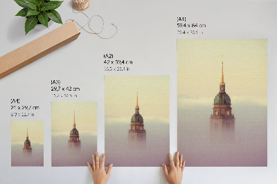 Grafică modernă pe pânză Turn în ceață, culori delicate, compoziție pașnică