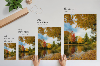 Poster rezistent pentru perete Copaci colorați lângă lac, dispoziție de toamnă
