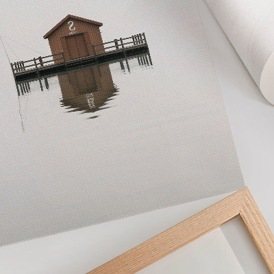 Grafică modernă pe pânză O căsuță din lemn în minimalism lângă apă