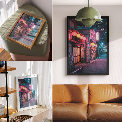 Poster în culori saturate Felinare neon pe o stradă fermecătoare a orașului noapte