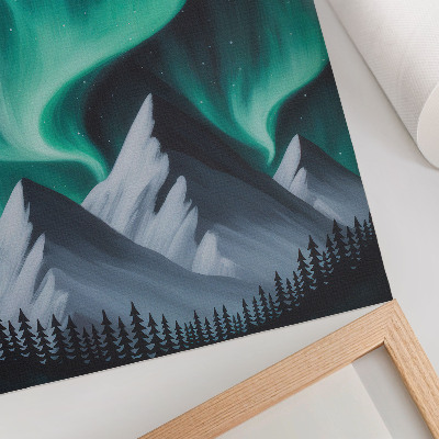 Grafică modernă pe pânză Aurora boreală peste munți într-o noapte magică