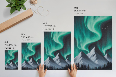 Grafică modernă pe pânză Aurora boreală peste munți într-o noapte magică