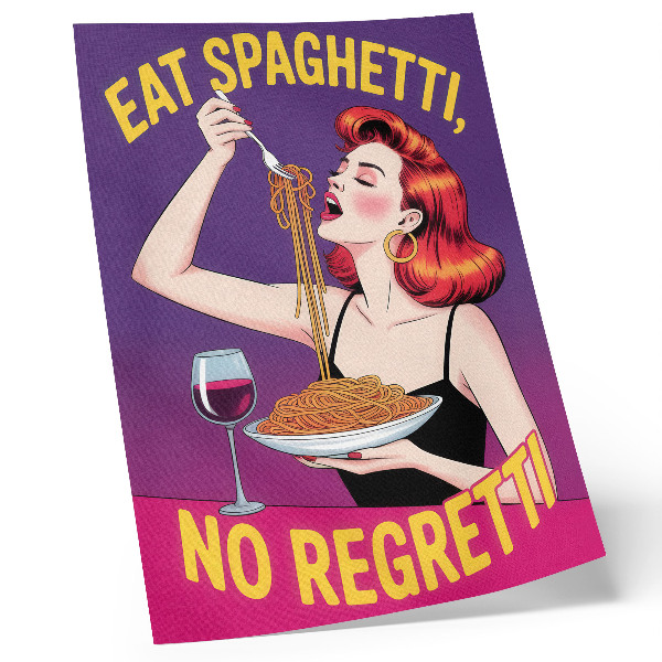 Poster rezistent pentru perete Femeie colorată mâncând spaghete cu vin