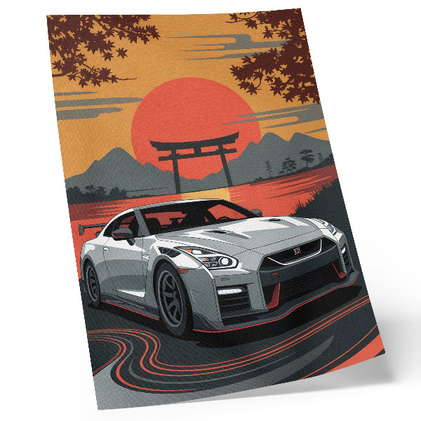 Poster în culori saturate O mașină într-un peisaj japonez armonios