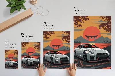 Poster în culori saturate O mașină într-un peisaj japonez armonios