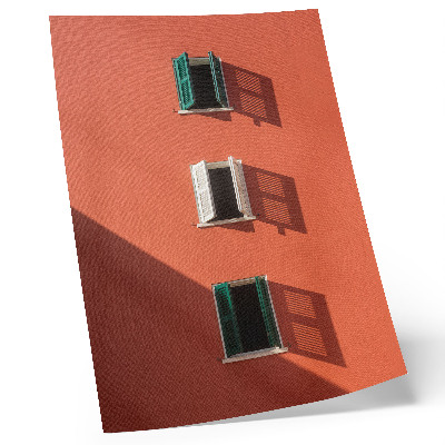 Poster în culori saturate Perete portocaliu, trei ferestre, jaluzele verzi