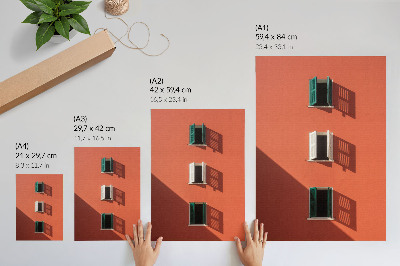 Poster în culori saturate Perete portocaliu, trei ferestre, jaluzele verzi