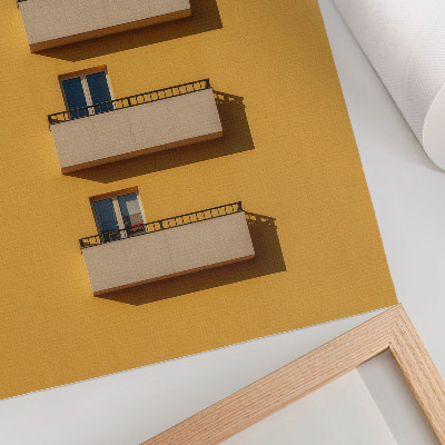 Poster rezistent pentru perete Fațadă galbenă, patru balcoane, compoziție minimalistă