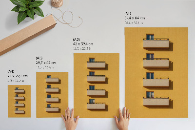 Poster rezistent pentru perete Fațadă galbenă, patru balcoane, compoziție minimalistă