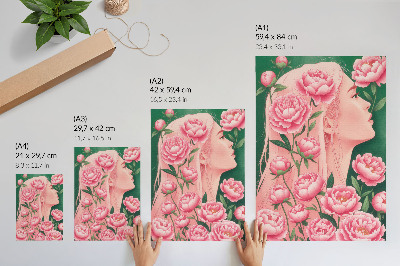 Poster în culori saturate O femeie printre bujori roz pe un fundal verde