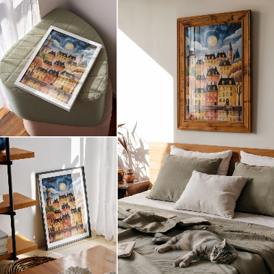 Grafică modernă pe pânză Un oraș atmosferic noaptea cu luna pe cer