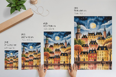Grafică modernă pe pânză Un oraș atmosferic noaptea cu luna pe cer