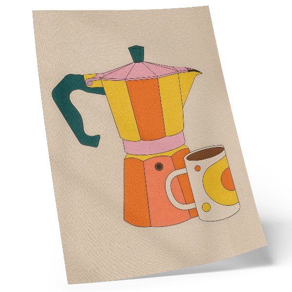 Grafică modernă pe pânză Cafetieră și cană geometrice, culori vii și optimiste