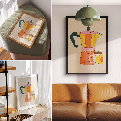 Grafică modernă pe pânză Cafetieră și cană geometrice, culori vii și optimiste