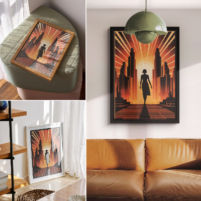 Poster în culori saturate Siluetă oraș femeie lumină portocalie