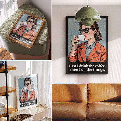 Poster rezistent pentru perete Femeie retro cu litere motivaționale de cafea