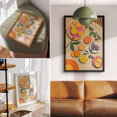 Poster în culori saturate O compoziție dinamică de fructe pe un fundal geometric