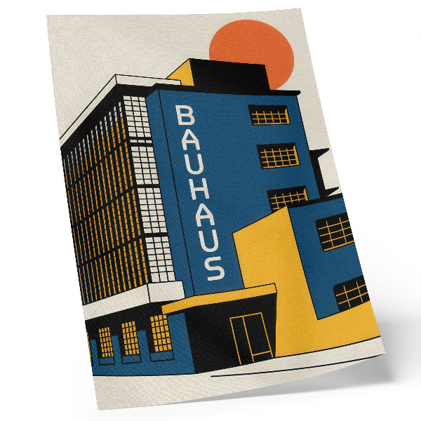 Poster în culori saturate Clădire Bauhaus bleumarin cu accente galbene și modernitate