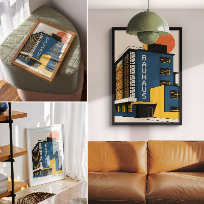 Poster în culori saturate Clădire Bauhaus bleumarin cu accente galbene și modernitate
