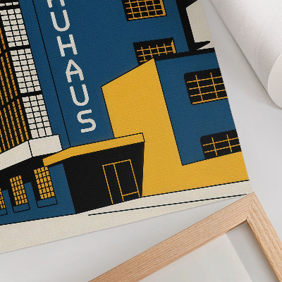 Poster în culori saturate Clădire Bauhaus bleumarin cu accente galbene și modernitate