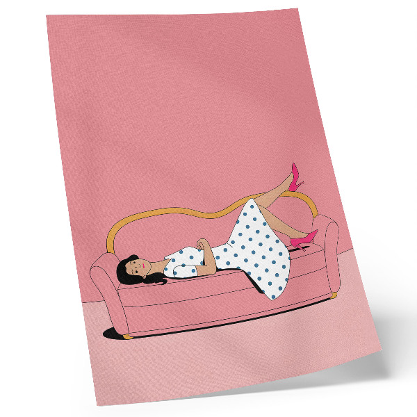 Grafică modernă pe pânză Scenă de relaxare liniștită, femeie, canapea roz