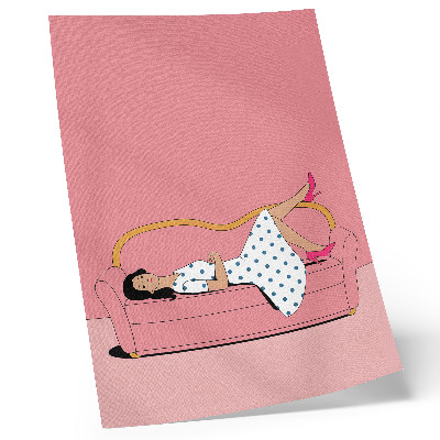 Grafică modernă pe pânză Scenă de relaxare liniștită, femeie, canapea roz