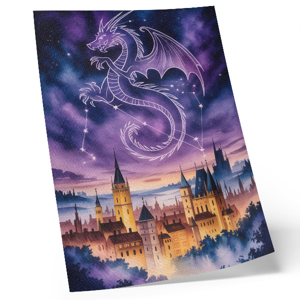 Poster în culori saturate Lume fantastică dragon castel cer stele spațiu
