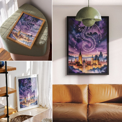 Poster în culori saturate Lume fantastică dragon castel cer stele spațiu