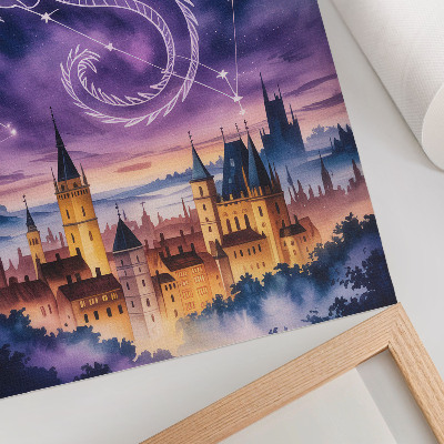 Poster în culori saturate Lume fantastică dragon castel cer stele spațiu