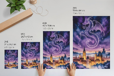 Poster în culori saturate Lume fantastică dragon castel cer stele spațiu