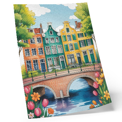 Poster în culori saturate Case de locuit colorate lângă canal, stil ilustrativ