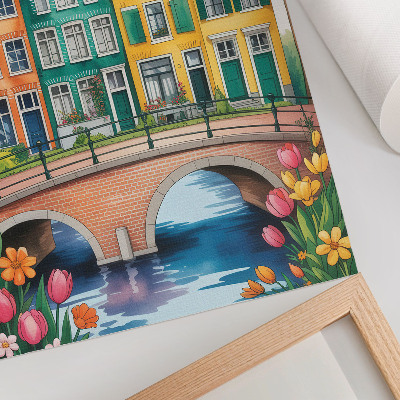 Poster în culori saturate Case de locuit colorate lângă canal, stil ilustrativ