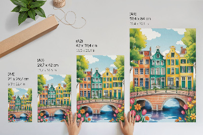 Poster în culori saturate Case de locuit colorate lângă canal, stil ilustrativ