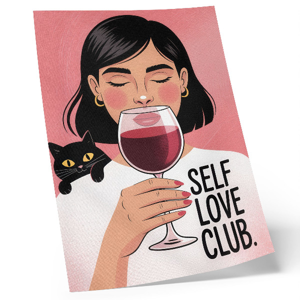 Poster în culori saturate Femeie cu vin și pisică în stil ilustrativ